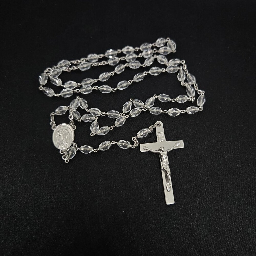 Clear Glass Bead Rosary Jesus Mary Catholic Prayer Beads